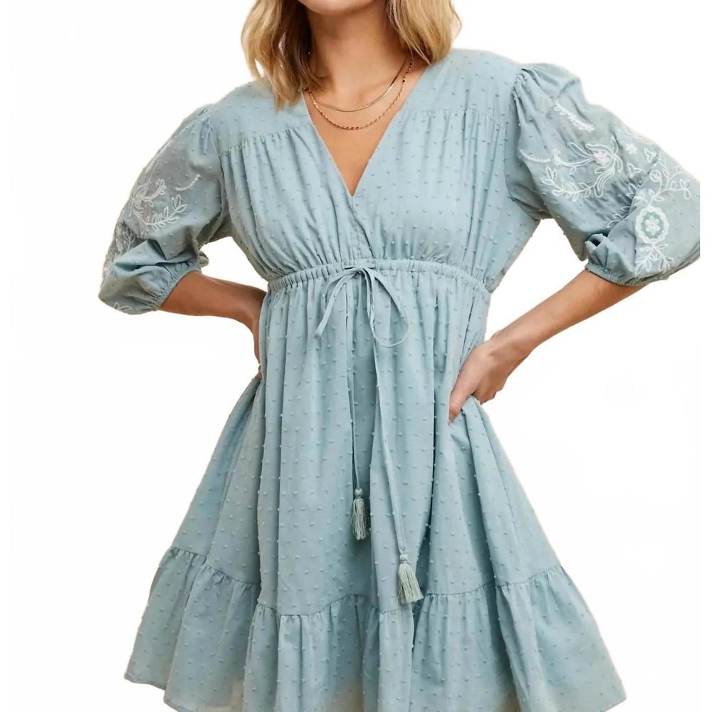 NEW IN-LOOM embroidered swiss dot mini dress in dusty seafoam